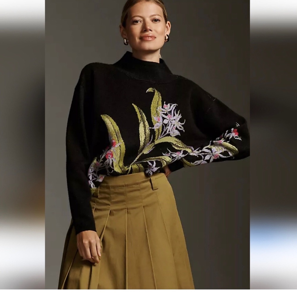 Maeve Carys Mock-Neck Sweater Size Small Floral Printed Anthropologie
